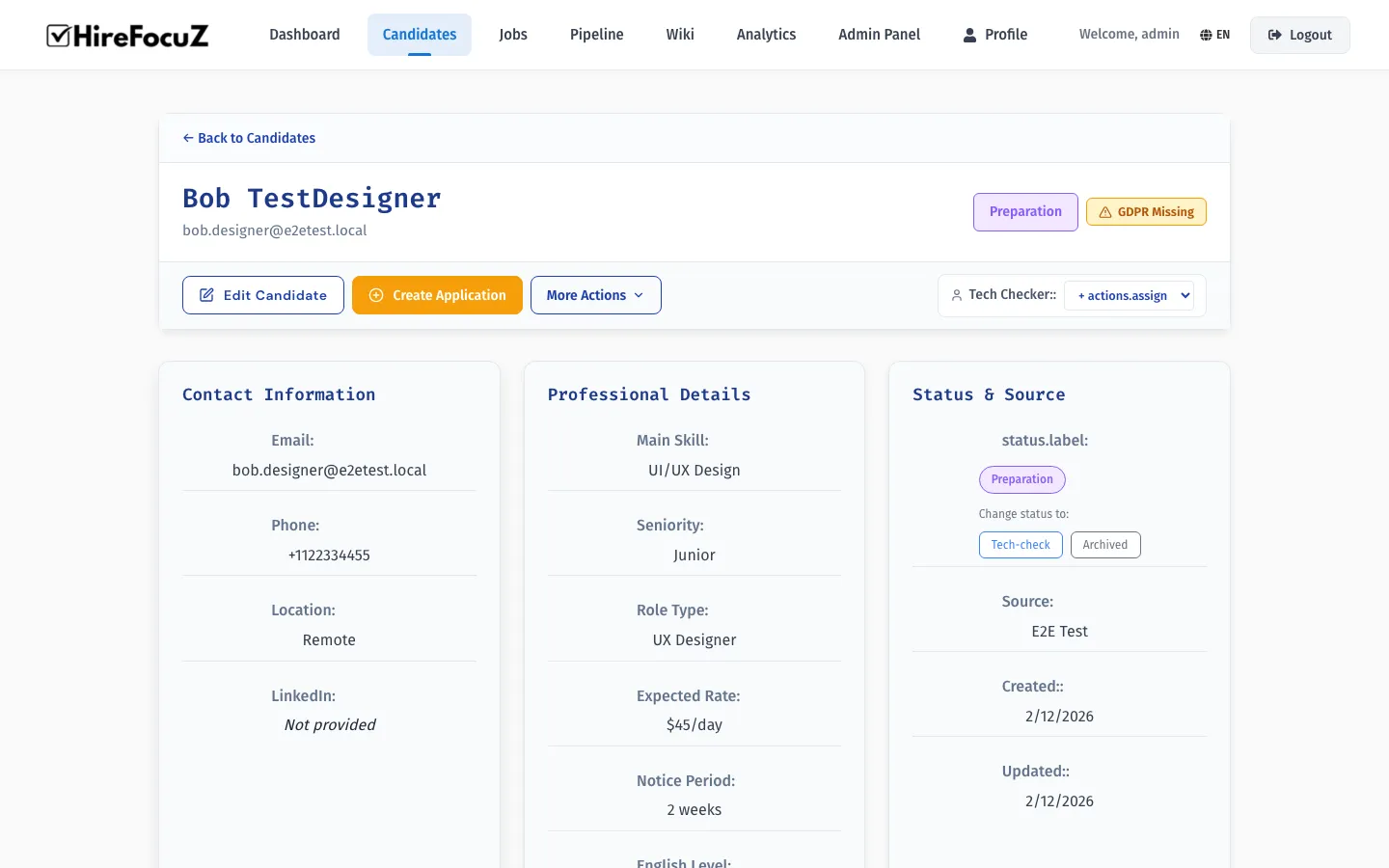 HireFocuZ candidate profile detail view showing professional summary, skills, experience, and contact information