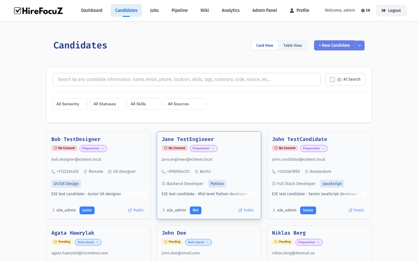 HireFocuZ candidate search with AI Search toggle, filter sidebar, and candidate cards showing skills and match scores