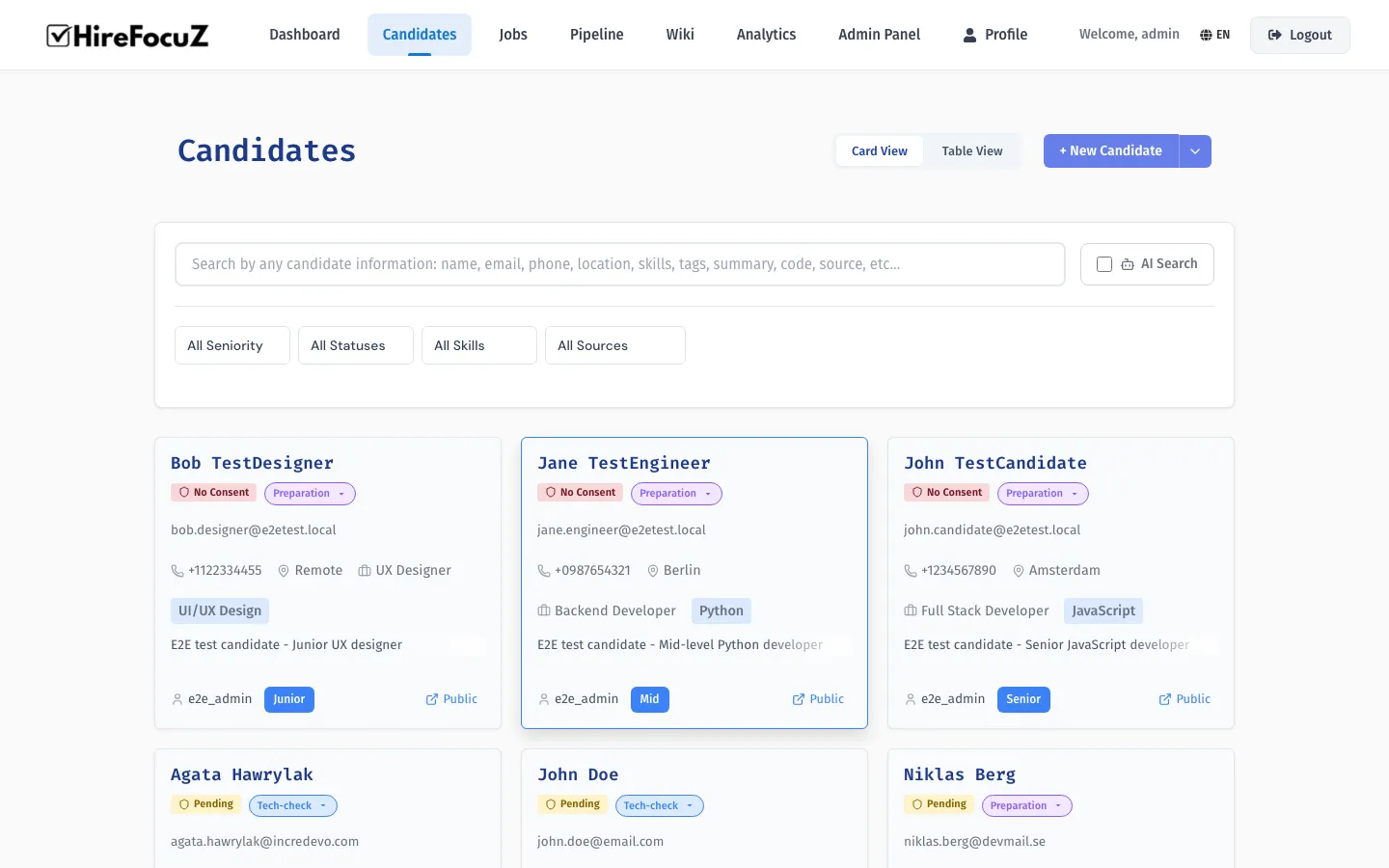 HireFocuZ candidate search with AI Search toggle, filter sidebar, and candidate cards showing skills and match scores